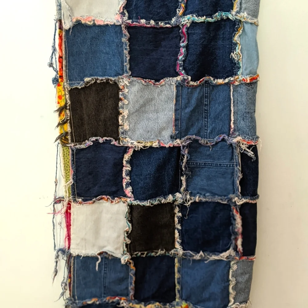 Frayed Denim Quilt made from recycled jeans, upcycled, patchwork, reversible